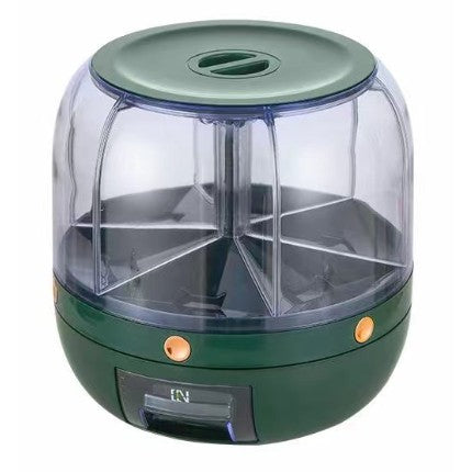 Dozator de cereale Flippy, rotativ 360, 6 compartimente, capacitate 3 L, rezistent la umezeala, inchidere etansa, verde