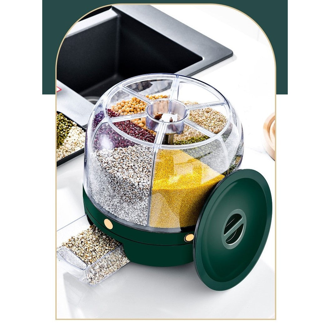Dozator de cereale Flippy, rotativ 360, 6 compartimente, capacitate 3 L, rezistent la umezeala, inchidere etansa, verde