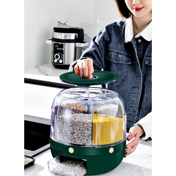 Dozator de cereale Flippy, rotativ 360, 6 compartimente, capacitate 3 L, rezistent la umezeala, inchidere etansa, verde