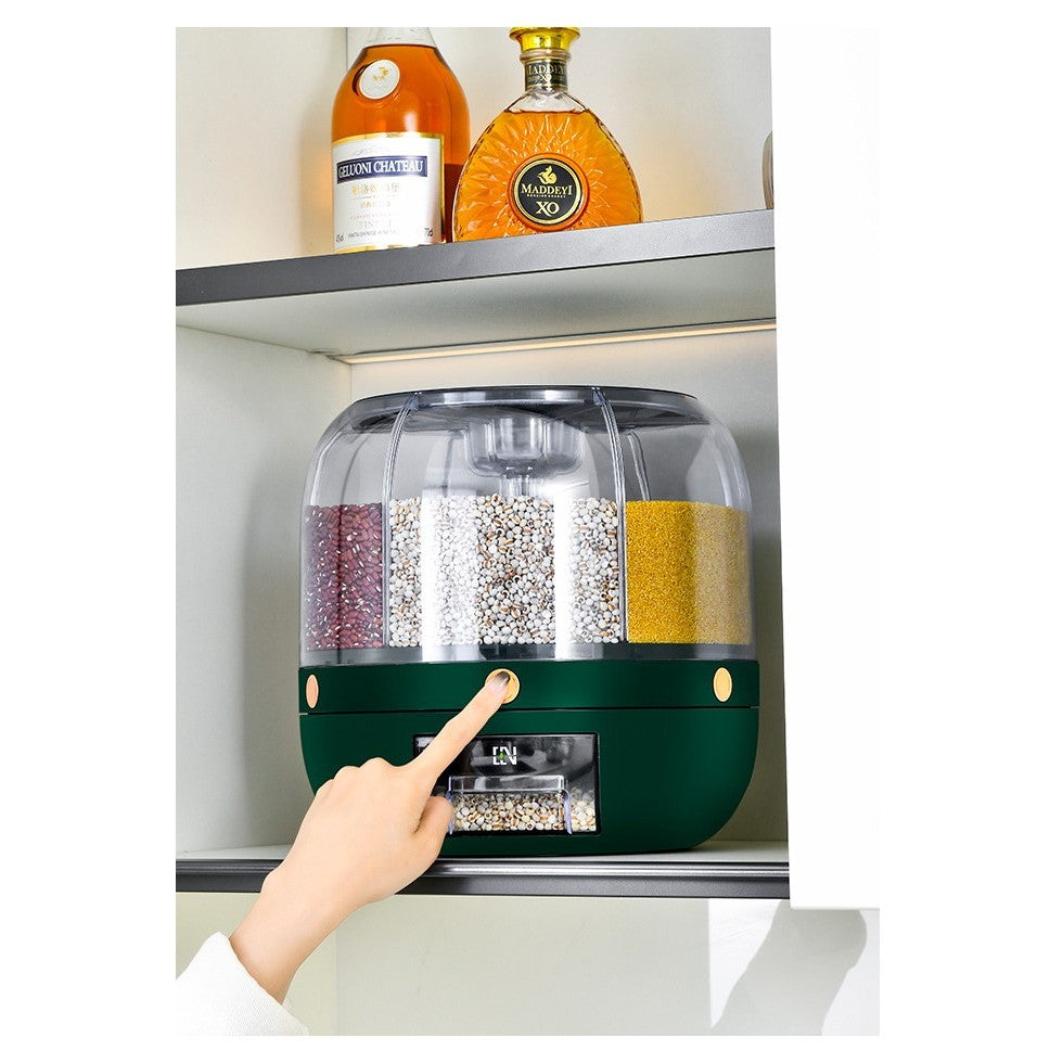Dozator de cereale Flippy, rotativ 360, 6 compartimente, capacitate 3 L, rezistent la umezeala, inchidere etansa, verde