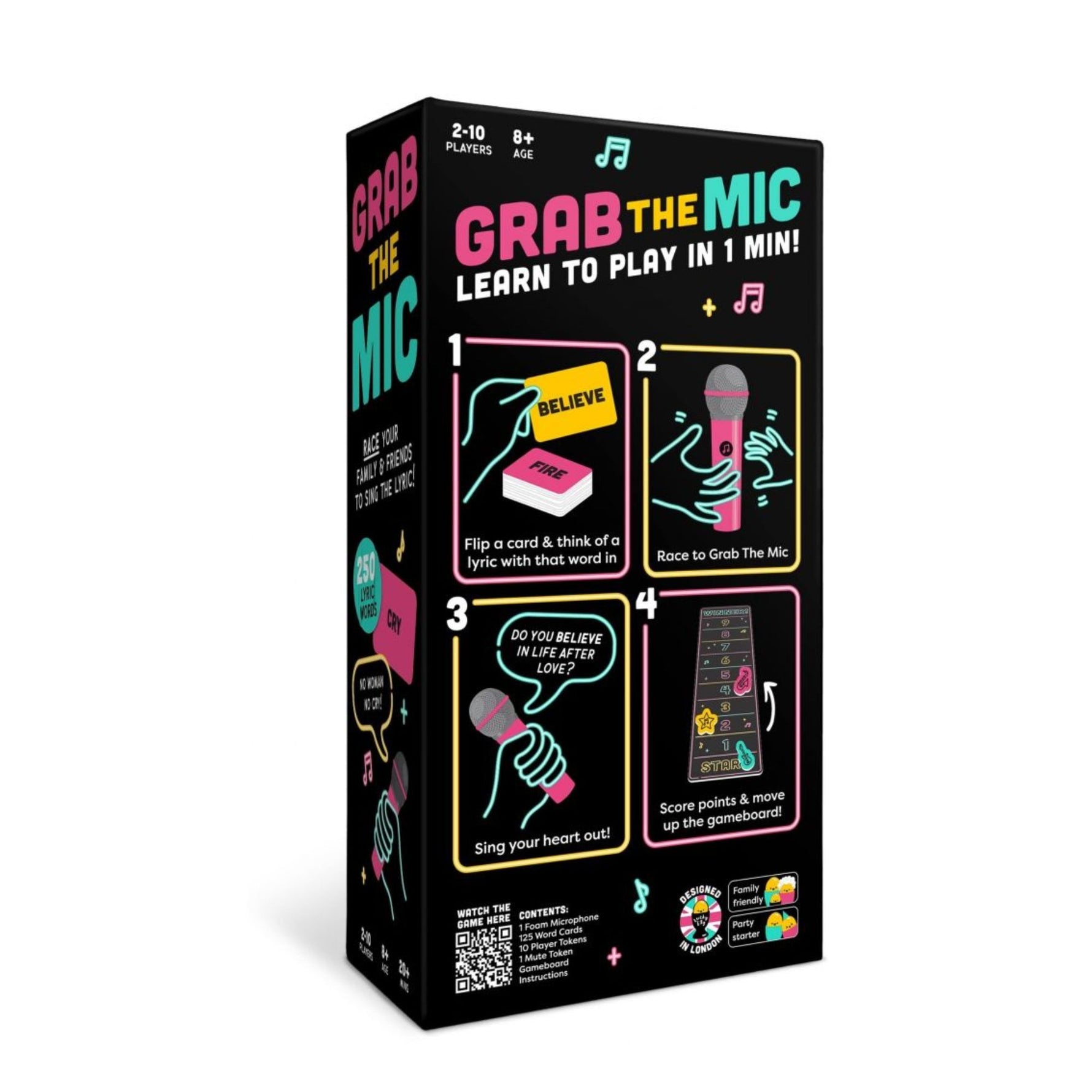 Joc de Societate Grab The Mic, Flippy, Tip Karaoke, 125 de Carti cu Cuvinte, Microfon din Spuma, Tabla de Joc, Jetoane,