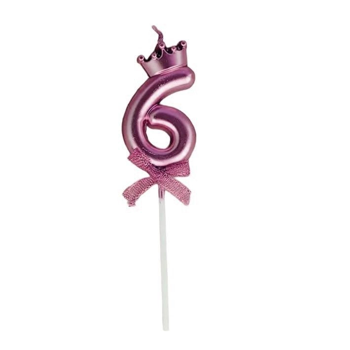 Lumanare Cifra 6, Flippy, Model Coroana cu Fundita, Pentru Tort, 6 x 2.5 cm Mov