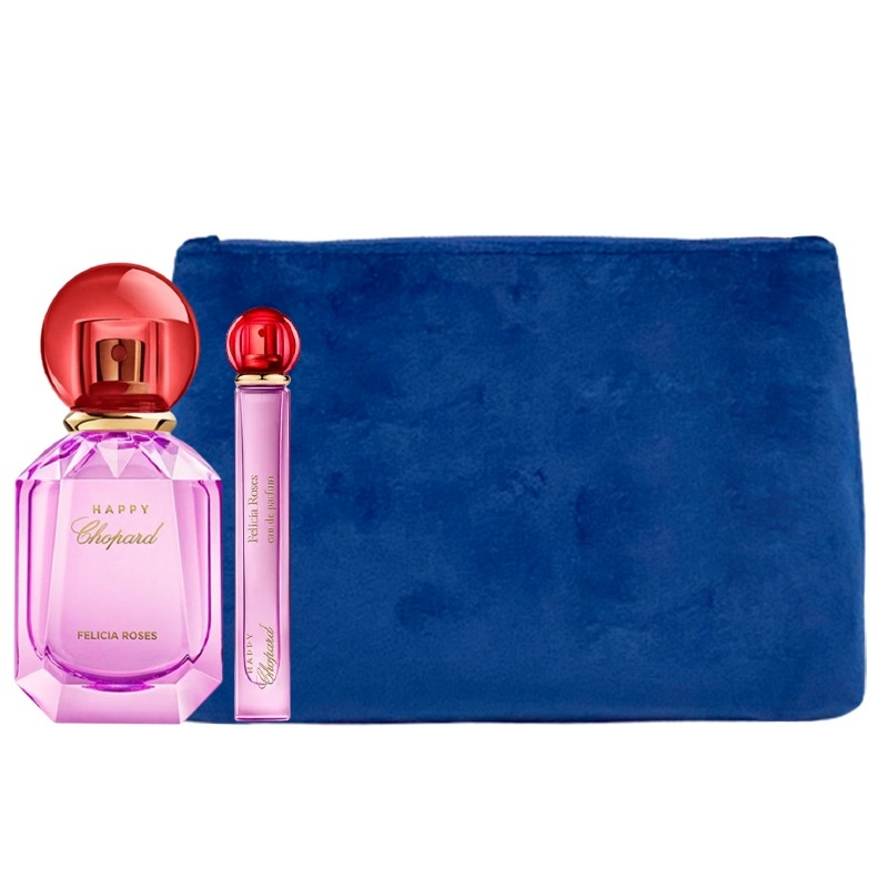 Luxury Naturals Perfumery Set Chopard: Happy Felicia Roses, Eau De Parfum, For Women, 100 ml + Happy Felicia Roses, Eau De Parfum, For Women, 10 ml + Chopard, Synthetic Leather, Textile Bag, Trouse Pouche, Blue, For Women, 2.4 x 9 x 6.2 cm - Olmarkt