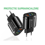 Incarcator Rapid QC3.0, Flippy, 3 Porturi USB, 2.1A, 18W, din ABS, Protectie Supraincalzire, Gama Macarons, Negru