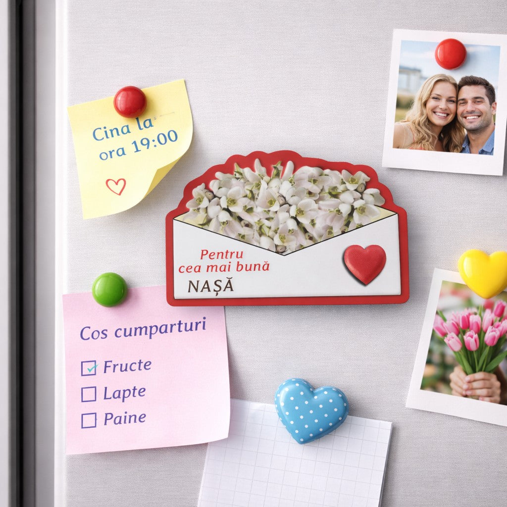 Magneti Decorativi Martisor, Set 24 Piese, Jolie, Tema Mesaj Pentru Cea Mai Buna Nasa, Carton Laminat cu Magnet