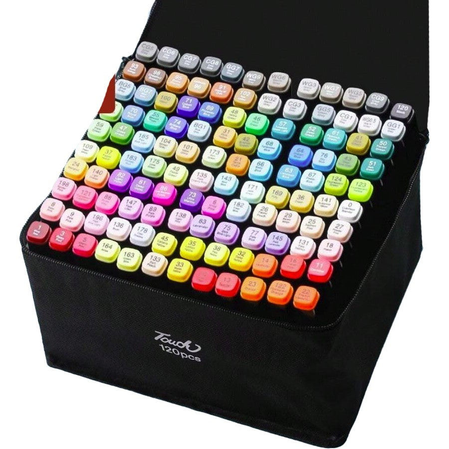 Markere cu Alcool Touch Room, Flippy, Paleta mare Set de 120+ de Culori, Capat Lat si Capat Precis, Geanta Inclusa,