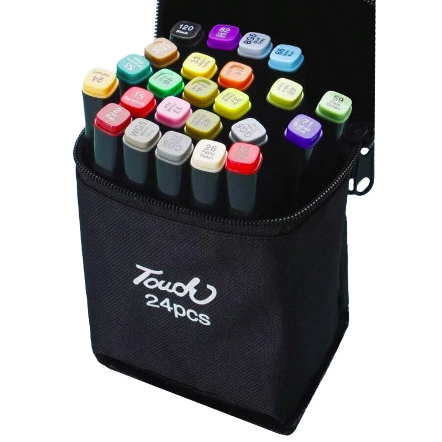 Markere cu Alcool Touch Room, Flippy, Paleta mare Set de 24+ de Culori, Capat Lat si Capat Precis, Geanta Inclusa,