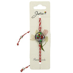 Martisor Bratara Snur Alb-Rosu, Jolie, Pandantiv Metalic, Model Floare cu 4 Petale