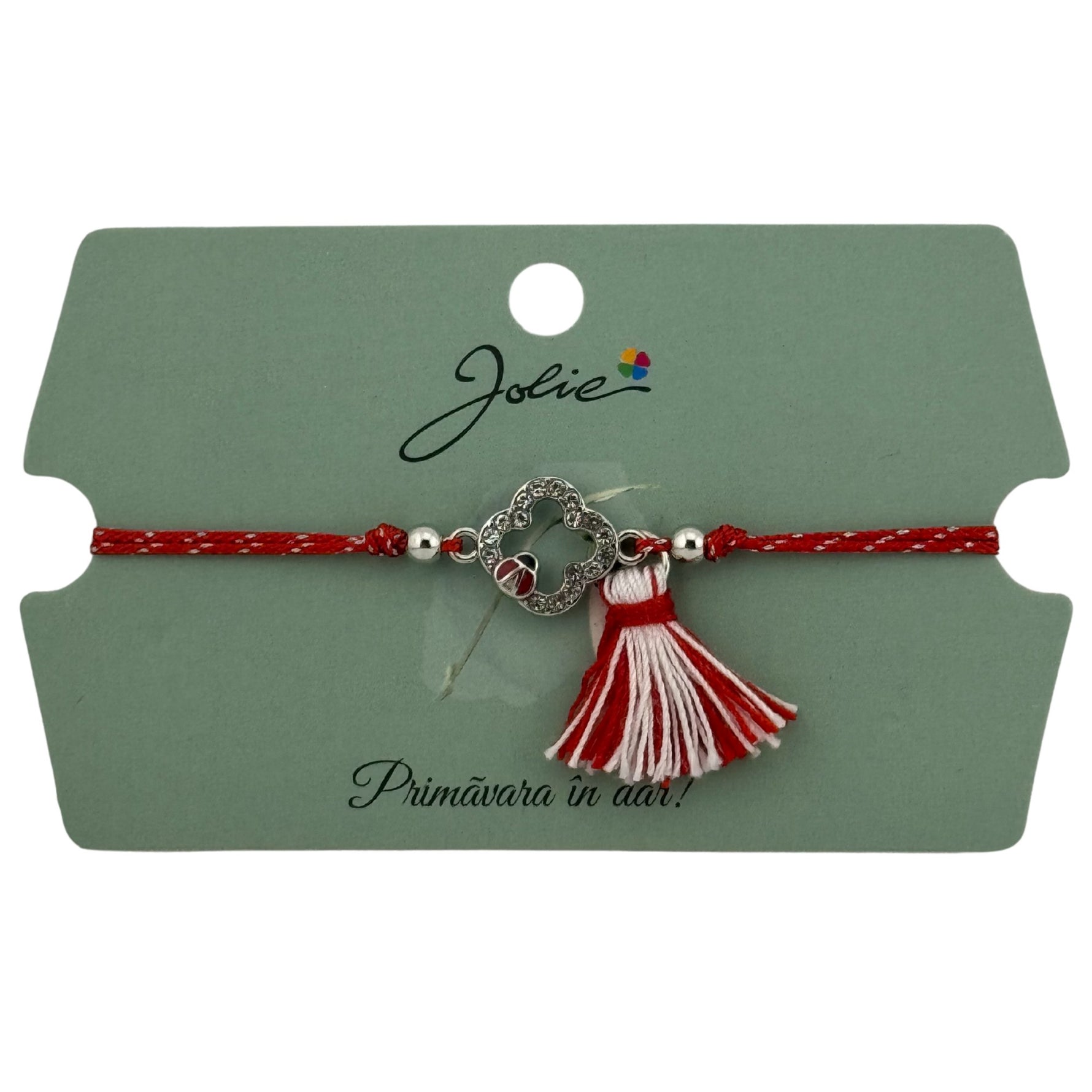 Martisor Bratara Ciucure, Jolie, Snur Rosu Reglabil, cu Pandantiv, Model Floare-Buburuza