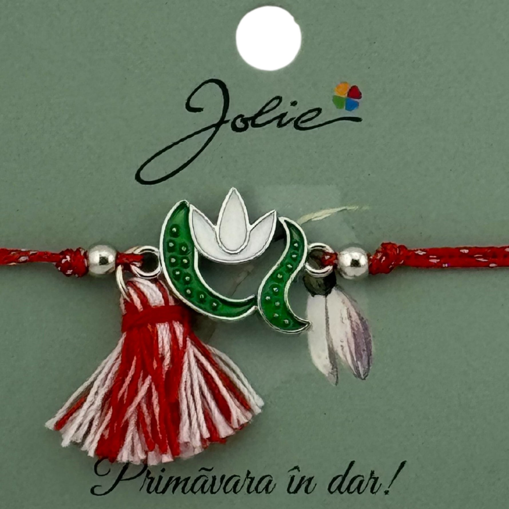Martisor Bratara Ciucure, Jolie, Snur Rosu Reglabil, cu Pandantiv, Model Ghiocel