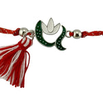 Martisor Bratara cu Ciucure pentru Dama, Jolie, Model Ghiocel, Set 12 bucati, Pandativ din Inox, Snur Reglabil, Rosu/Alb