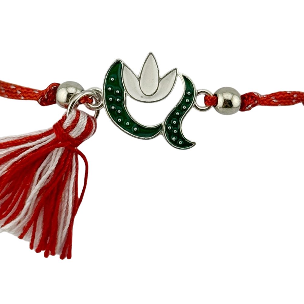Martisor Bratara cu Ciucure pentru Dama, Jolie, Model Ghiocel, Set 12 bucati, Pandativ din Inox, Snur Reglabil, Rosu/Alb
