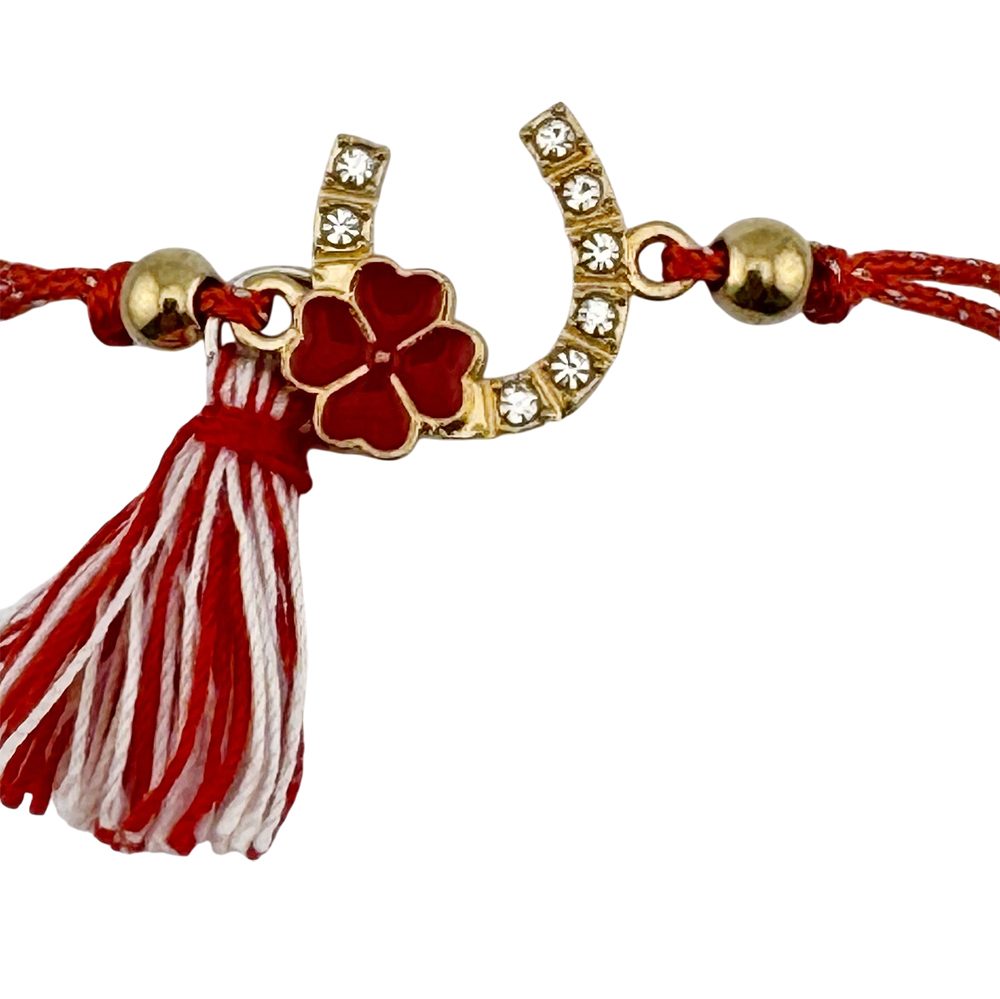 Martisor Bratara cu Ciucure pentru Dama, Jolie, Model Potcoava cu Trifoi, Set 12 bucati, Pandativ din Inox, Snur