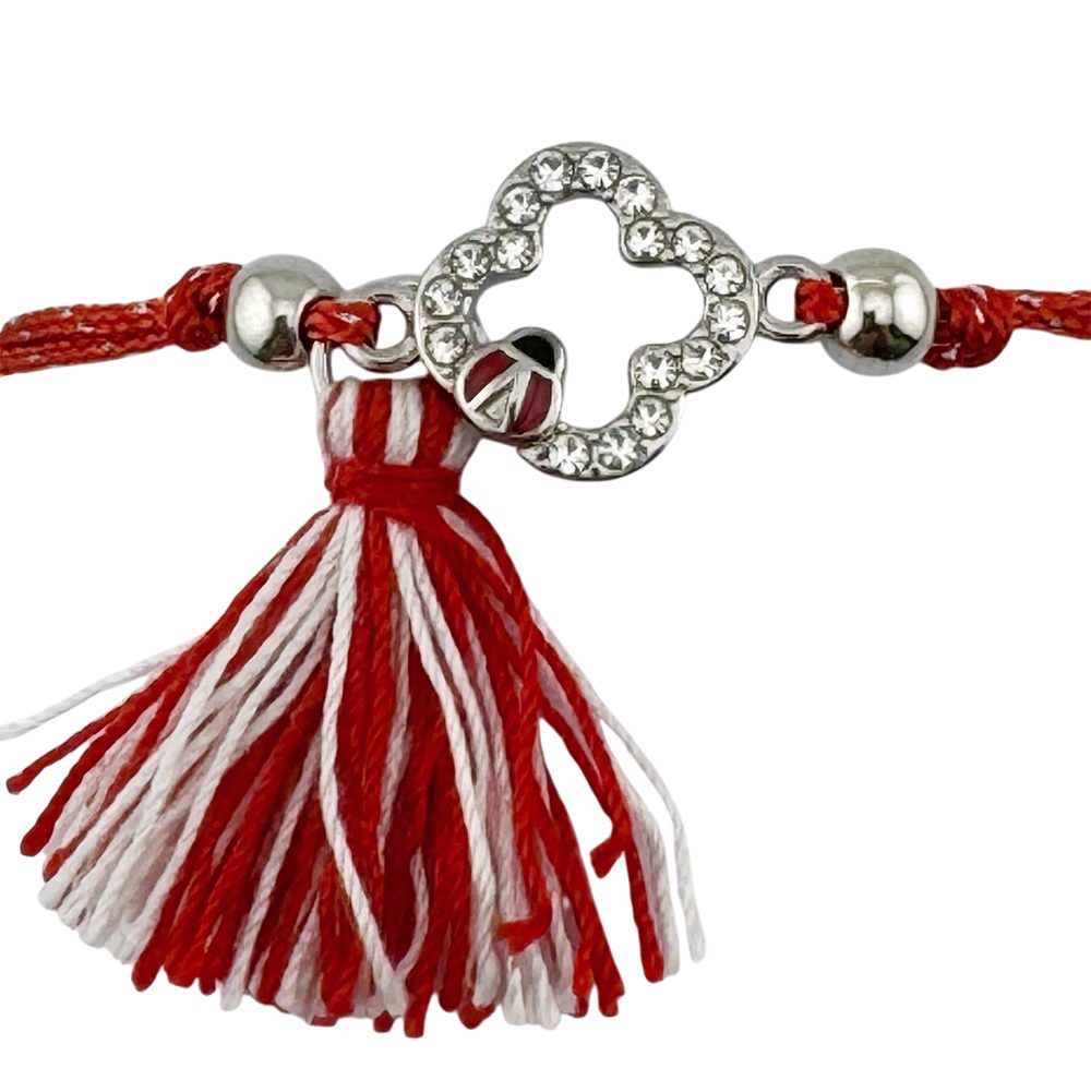 Martisor Bratara cu Ciucure pentru Dama, Jolie, Model Trifoi Contur cu Buburuza, Set 12 bucati, Pandativ din Inox cu