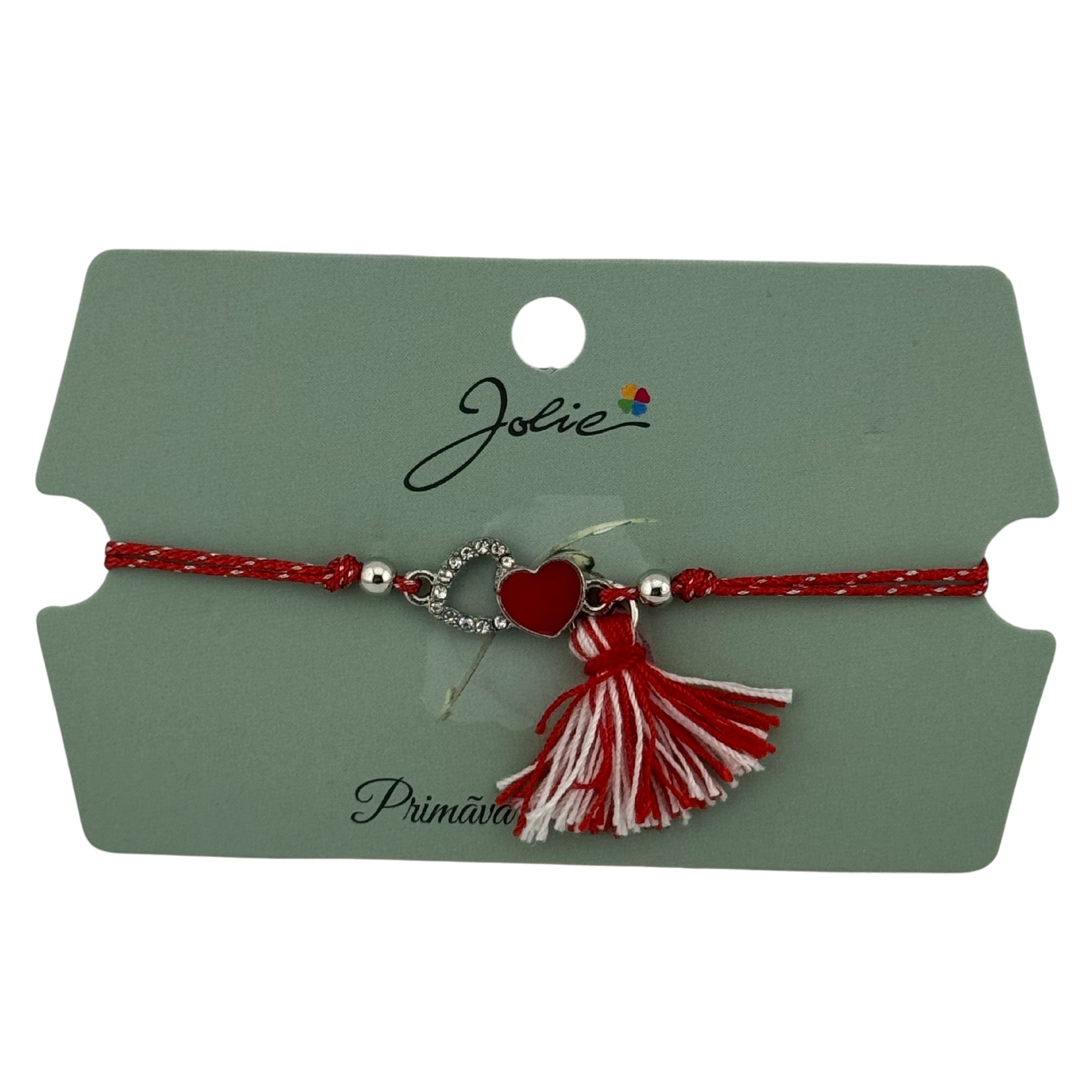 Martisor Bratara Ciucure, Jolie, Snur Rosu Reglabil, Model Doua Inimi, Argintiu-Rosu