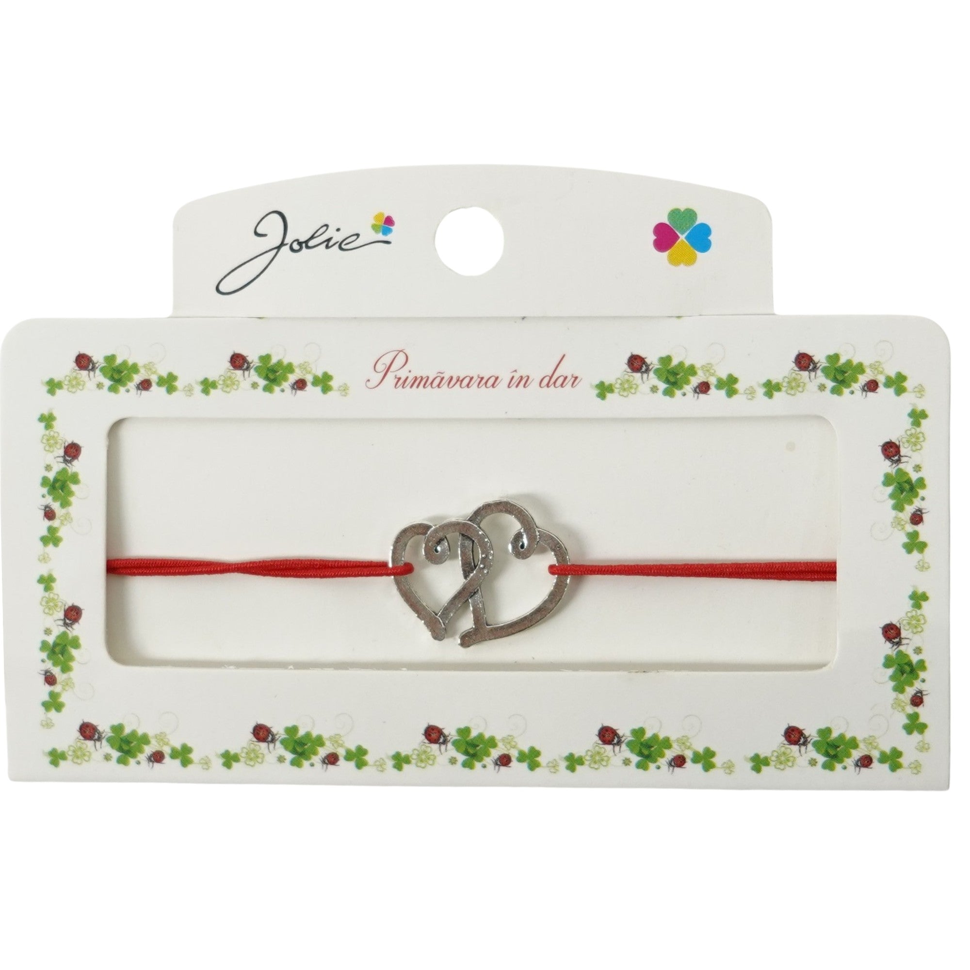 Martisor Bratara cu 2 Noduri Elastica, Jolie, Snur Rosu, Model Doua Inimi