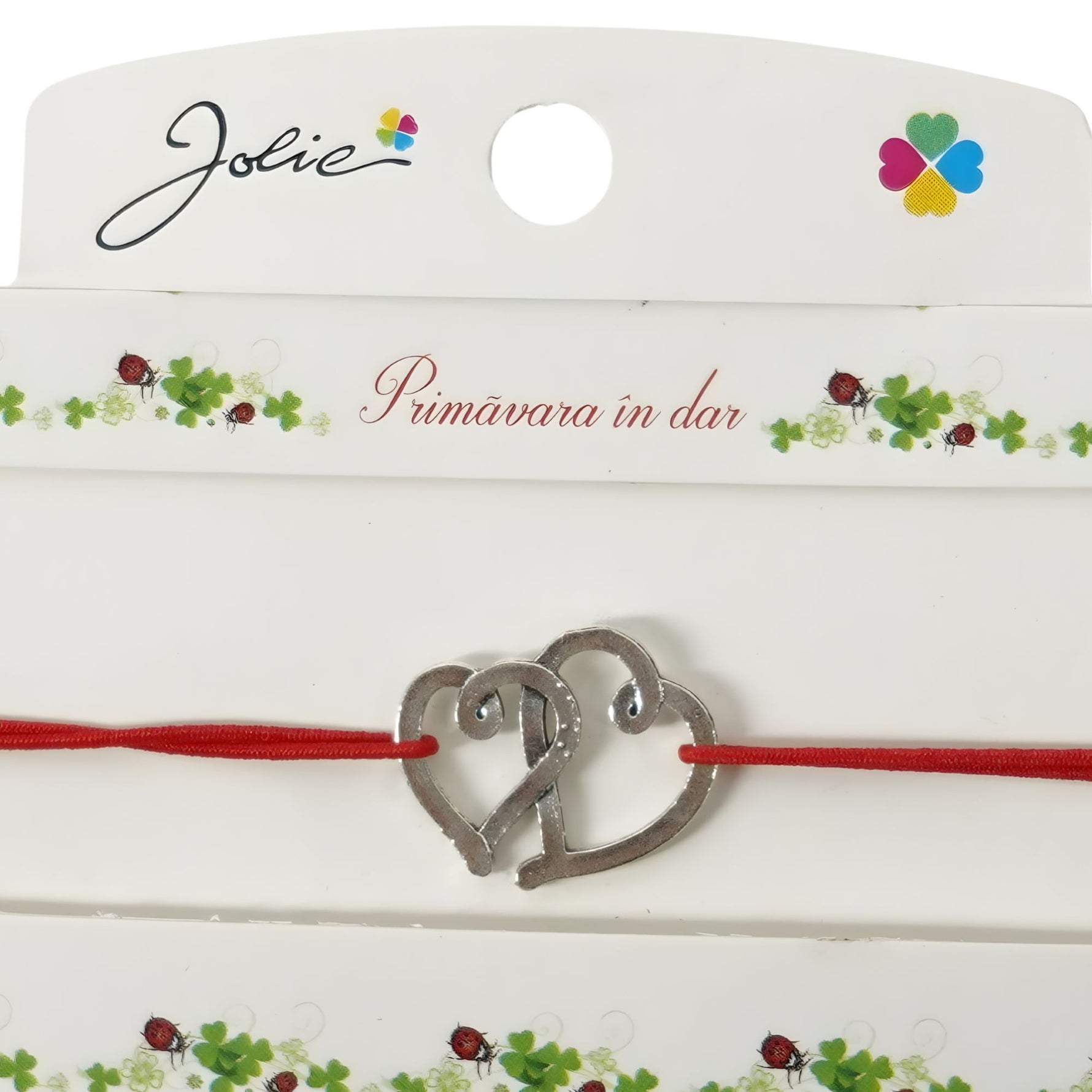 Martisor Bratara cu 2 Noduri, Jolie, Snur Rosu, Model Inimioare, Elastica, Dimensiune Reglabila, Ambalata Individual,