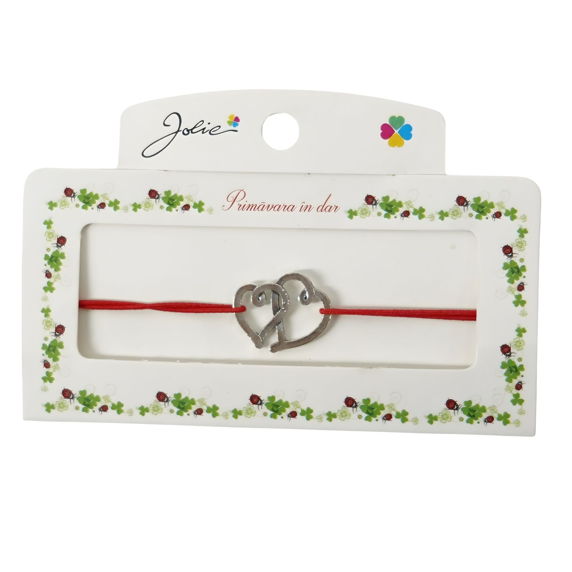 Martisor Bratara cu 2 Noduri, Jolie, Snur Rosu, Model Inimioare, Elastica, Dimensiune Reglabila, Ambalata Individual,