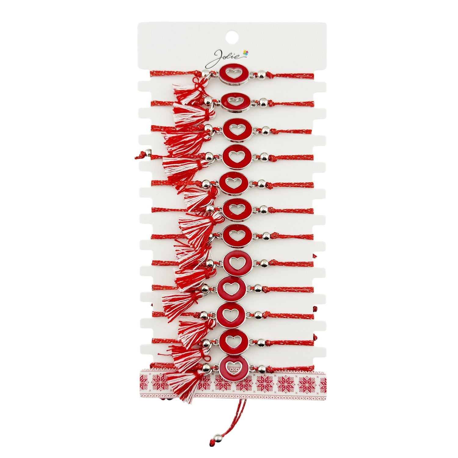 Martisor Bratara cu Ciucure pentru Dama, Jolie, Model Cerc cu Inima, Set 12 bucati, Pandativ din Inox, Snur Reglabil,
