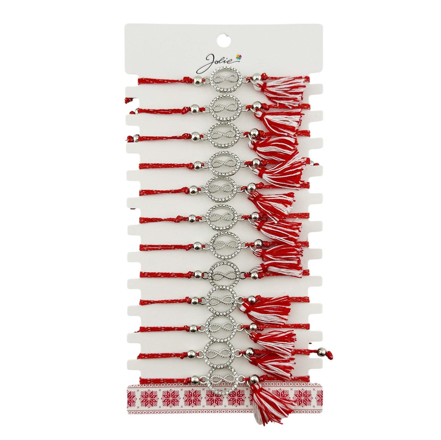 Martisor Bratara cu Ciucure pentru Dama, Jolie, Model Cerc Infinit, Set 12 bucati, Pandativ din Inox cu Pietre, Snur
