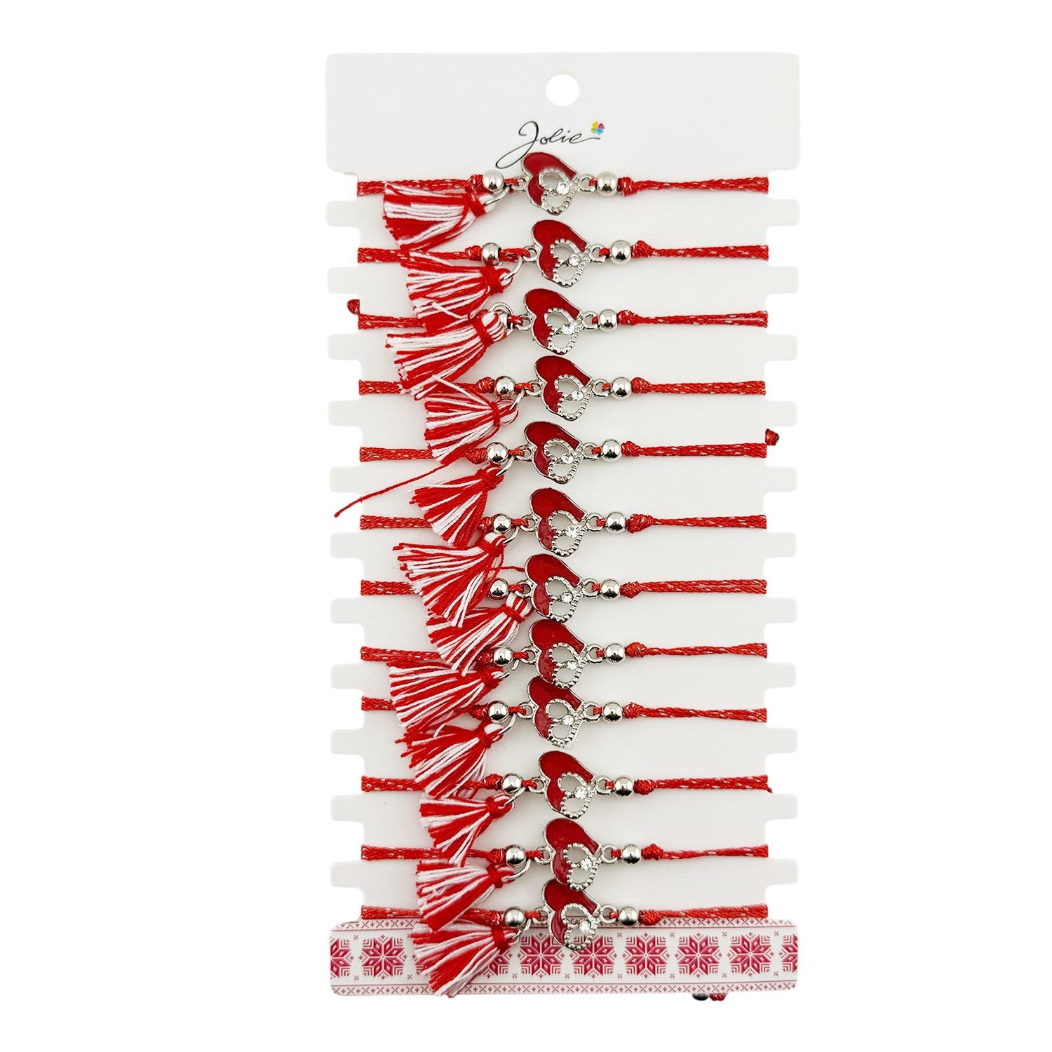 Martisor Bratara cu Ciucure pentru Dama, Jolie, Model Doua Inimi, Set 12 bucati, Pandativ din Inox cu Piatra, Snur
