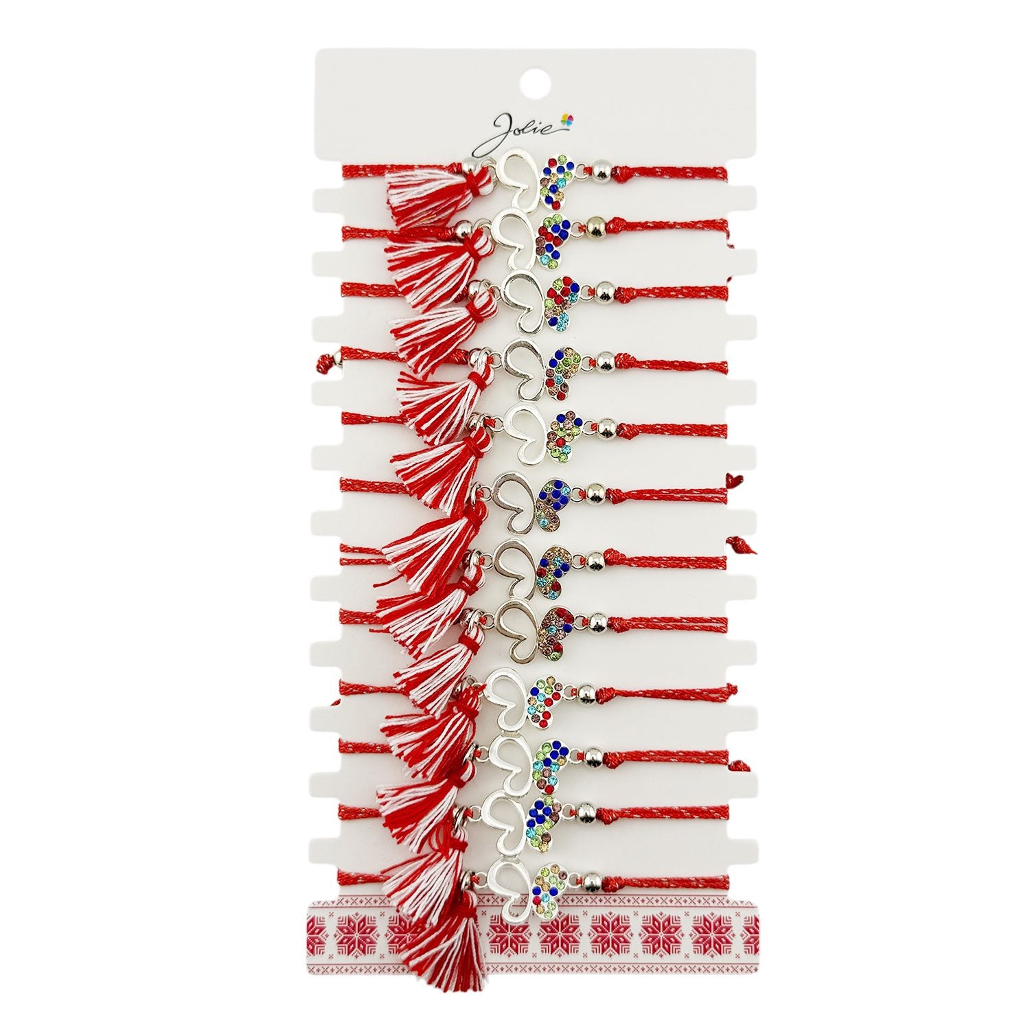 Martisor Bratara cu Ciucure pentru Dama, Jolie, Model Fluture cu Pietre Colorate, Set 12 bucati, Pandativ din Inox,
