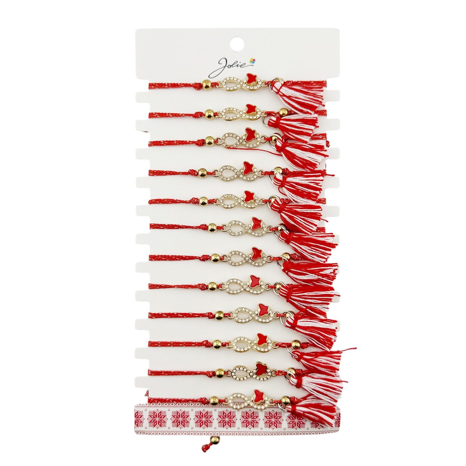 Martisor Bratara cu Ciucure pentru Dama, Jolie, Model Infinit cu Fluture, Set 12 bucati, Pandativ din Inox cu Pietre,