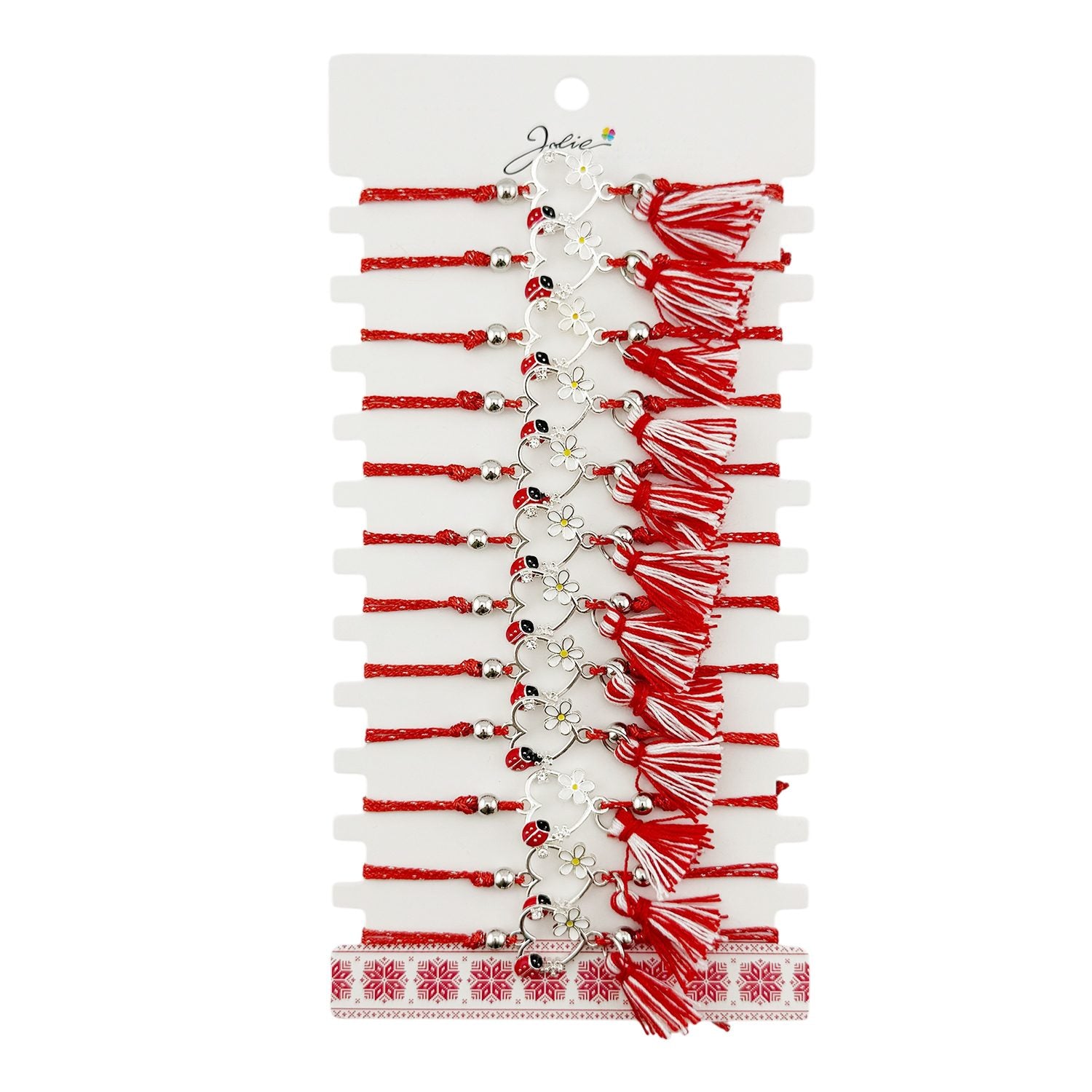 Martisor Bratara cu Ciucure pentru Dama, Jolie, Model Inima cu Floare Alba, Set 12 bucati, Pandativ din Inox cu Piatra,