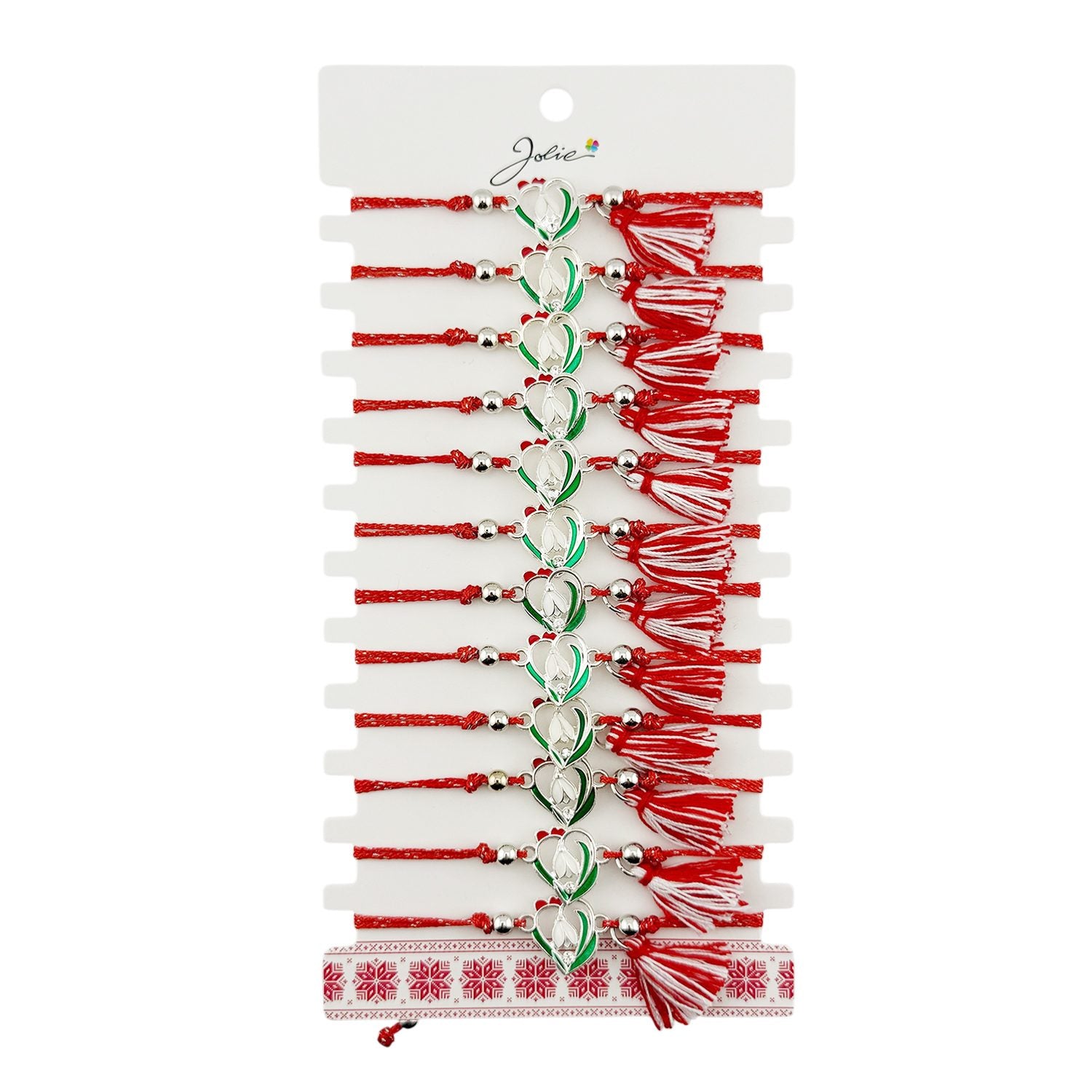Martisor Bratara cu Ciucure pentru Dama, Jolie, Model Inima cu Ghiocel, Set 12 bucati, Pandativ din Inox, Snur