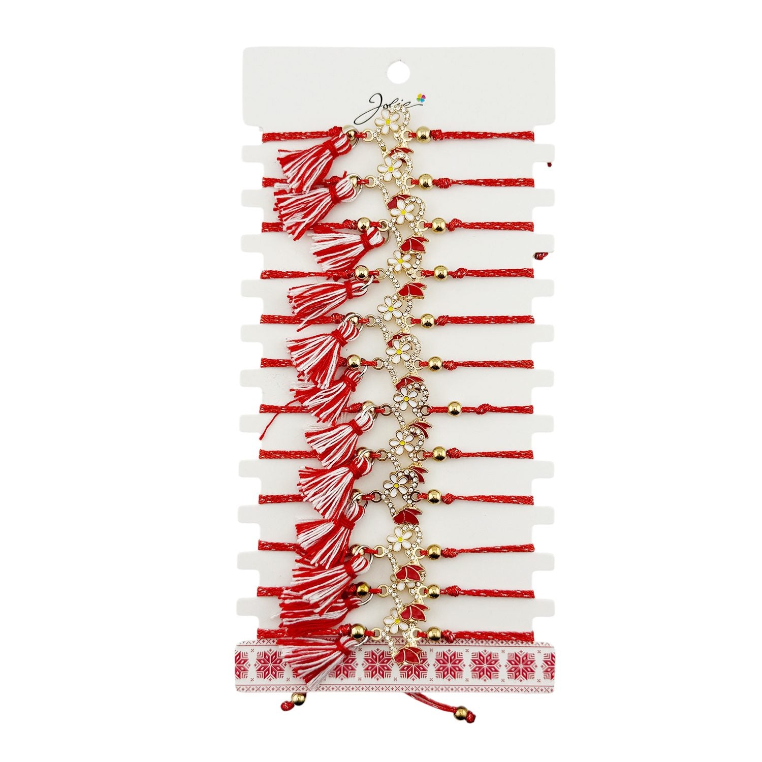 Martisor Bratara cu Ciucure pentru Dama, Jolie, Model Inima cu Margareta, Set 12 bucati, Pandativ din Inox cu Pietre,