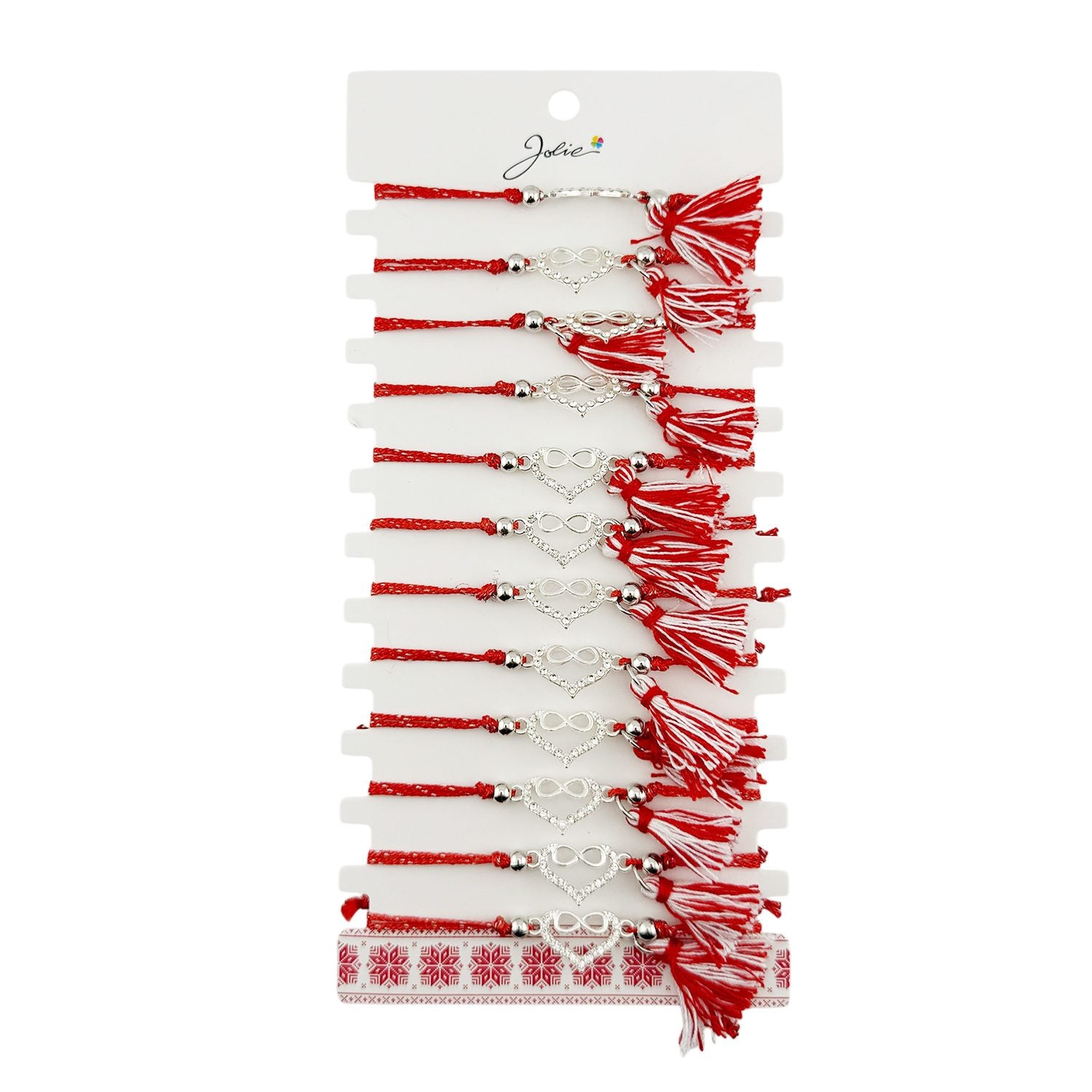 Martisor Bratara cu Ciucure pentru Dama, Jolie, Model Inima Infinit, Set 12 bucati, Pandativ din Inox cu Pietre, Snur