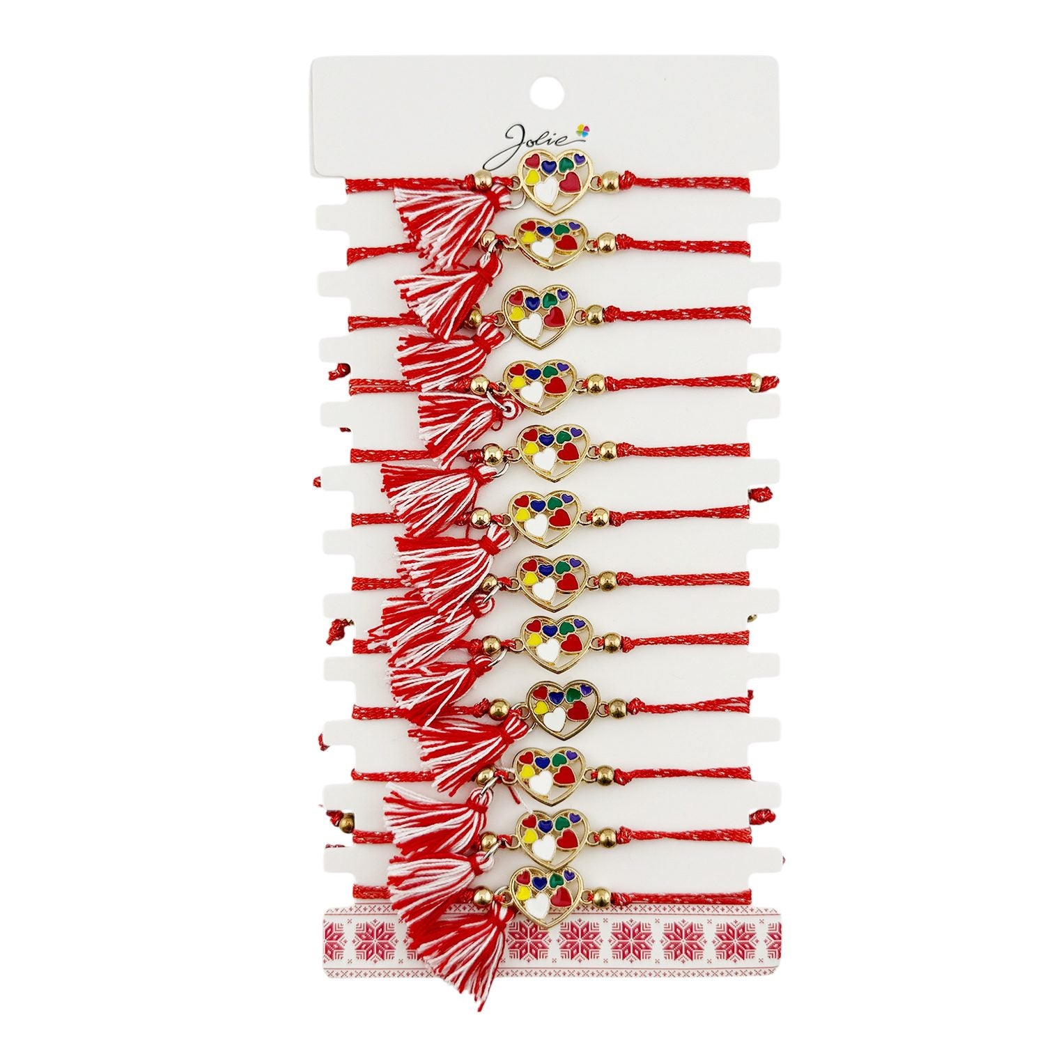 Martisor Bratara cu Ciucure pentru Dama, Jolie, Model Inimi Colorate, Set 12 bucati, Pandativ din Inox, Snur Reglabil,