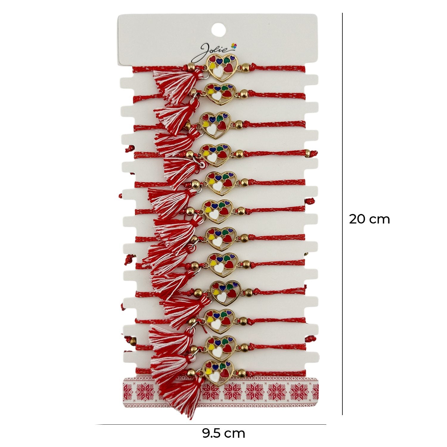 Martisor Bratara cu Ciucure pentru Dama, Jolie, Model Inimi Colorate, Set 12 bucati, Pandativ din Inox, Snur Reglabil,