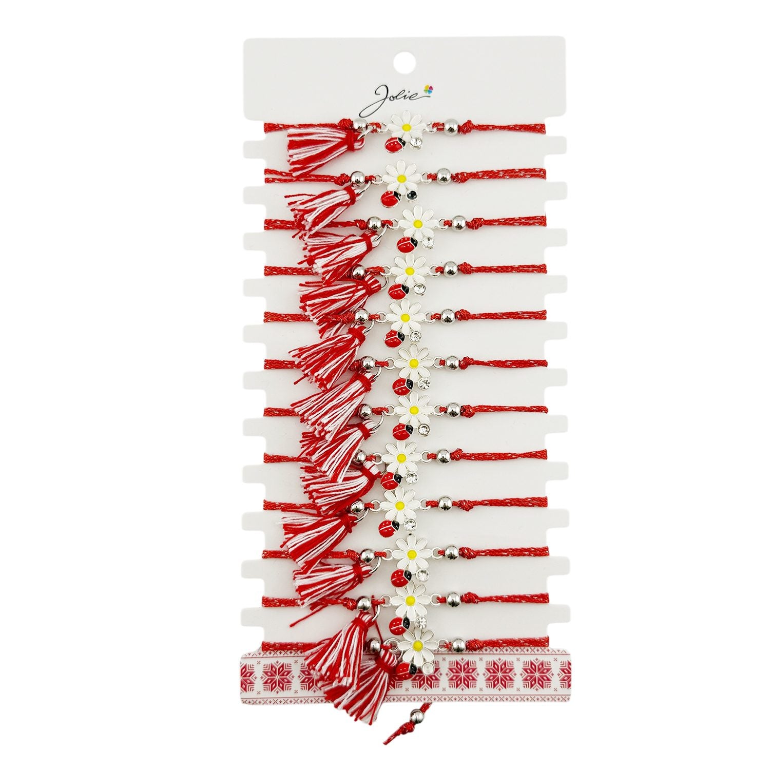 Martisor Bratara cu Ciucure pentru Dama, Jolie, Model Margareta cu Buburuza, Set 12 bucati, Pandativ din Inox, Snur