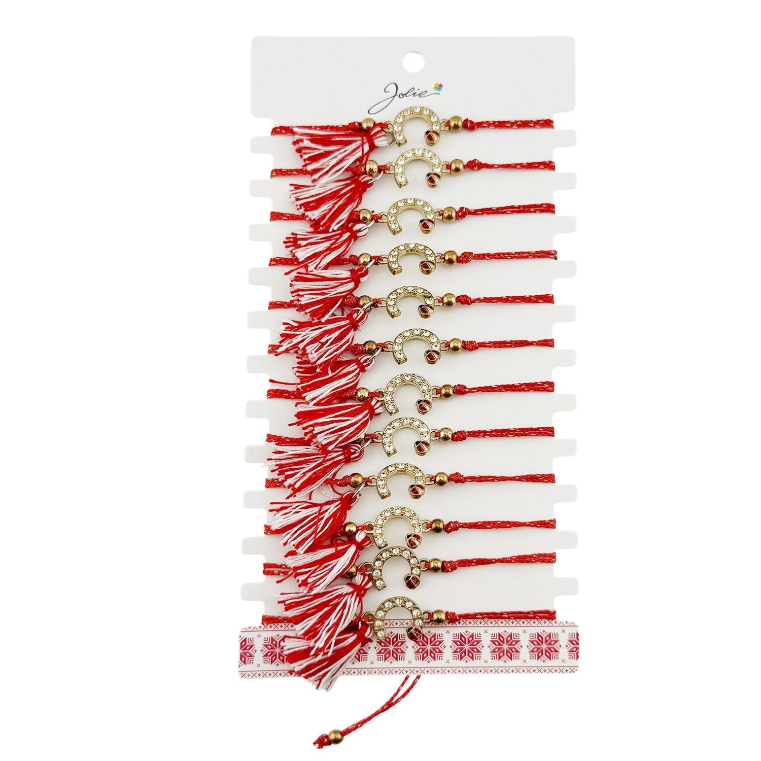 Martisor Bratara cu Ciucure pentru Dama, Jolie, Model Potcoava Buburuza, Set 12 bucati, Pandativ din Inox cu Pietre,