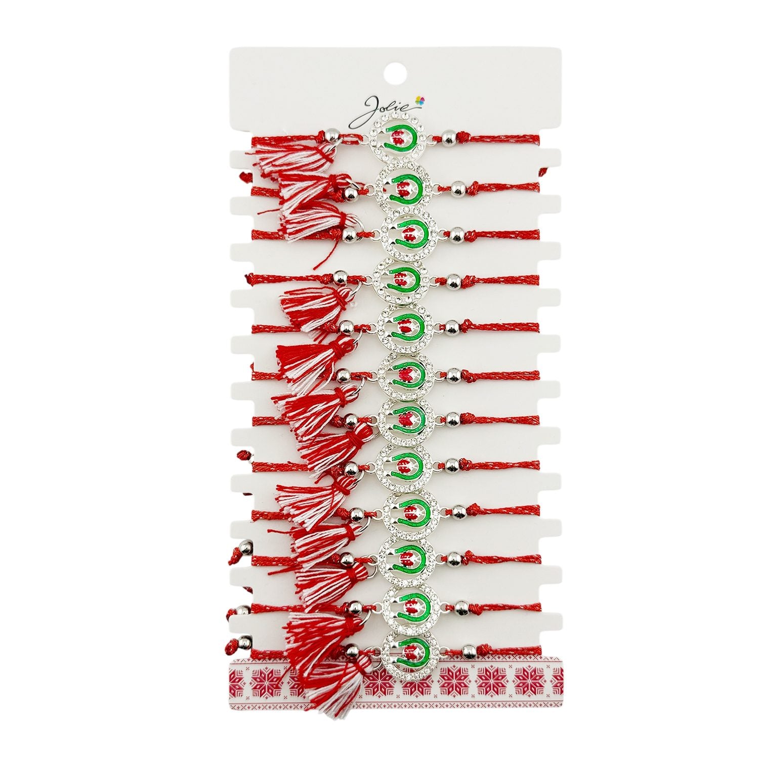 Martisor Bratara cu Ciucure pentru Dama, Jolie, Model Potcoava cu Buburuza in Cerc, Set 12 bucati, Pandativ din Inox cu