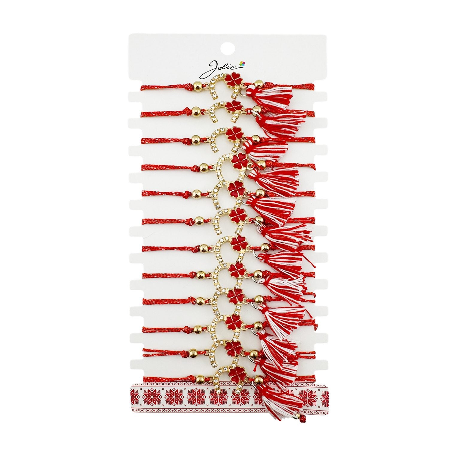 Martisor Bratara cu Ciucure pentru Dama, Jolie, Model Potcoava cu Trifoi, Set 12 bucati, Pandativ din Inox, Snur