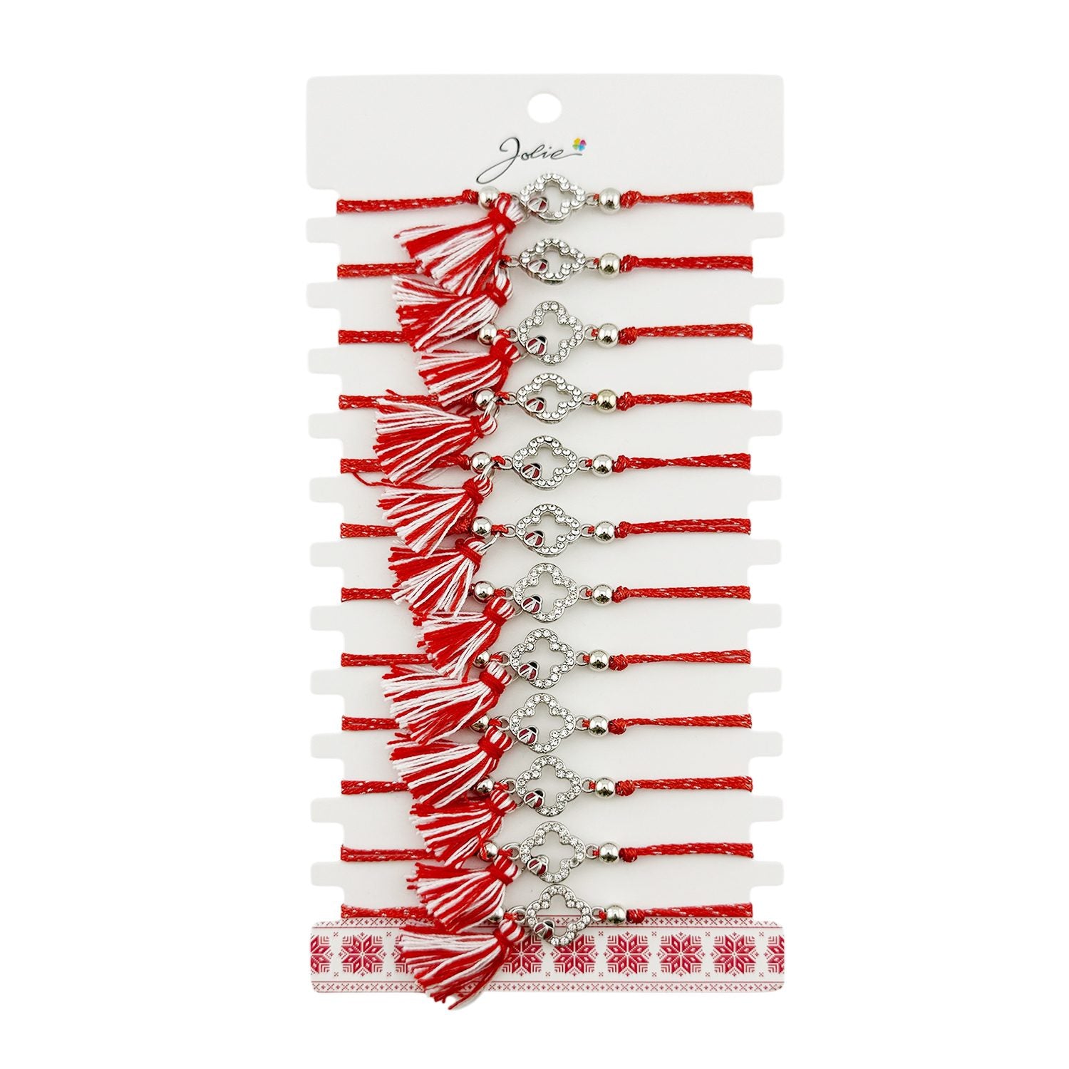 Martisor Bratara cu Ciucure pentru Dama, Jolie, Model Trifoi Contur cu Buburuza, Set 12 bucati, Pandativ din Inox cu