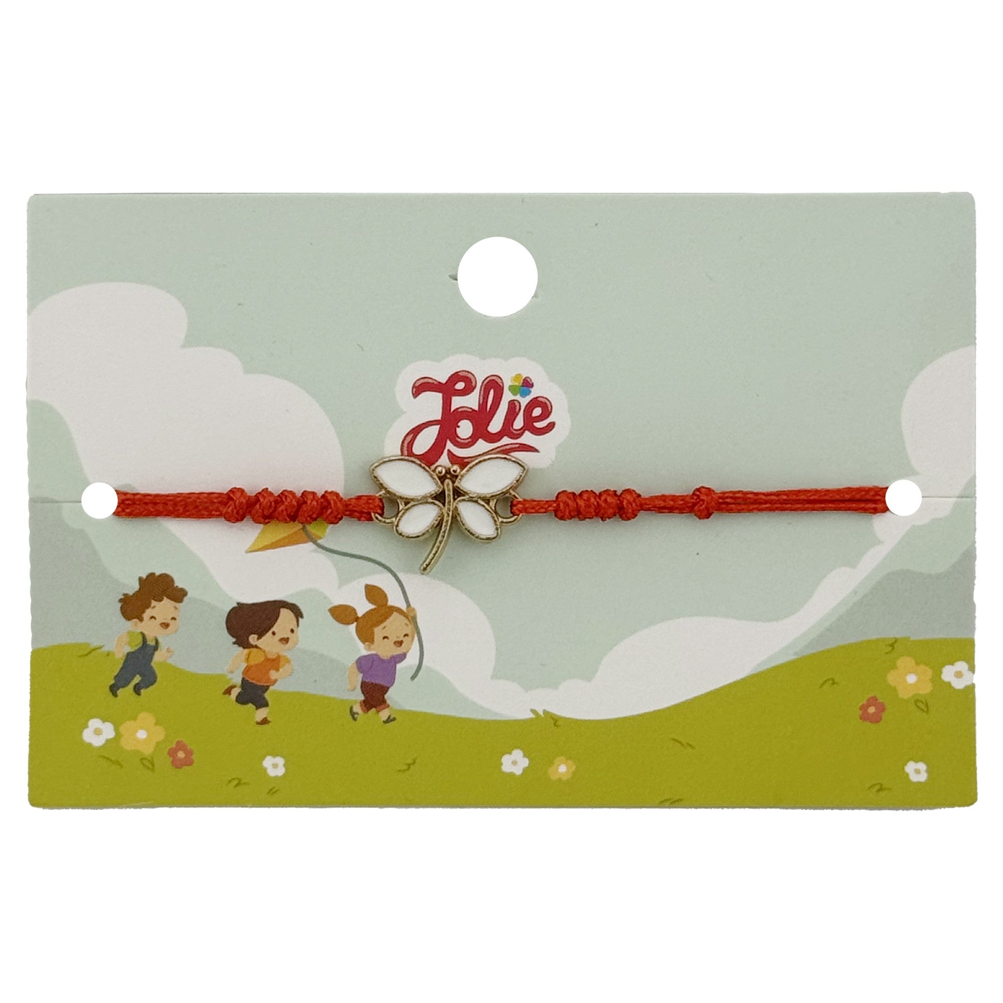 Martisor Bratara pentru Copii, Jolie, Model Libelula, din Metal Auriu cu Snur Impletit Rosu, Alb