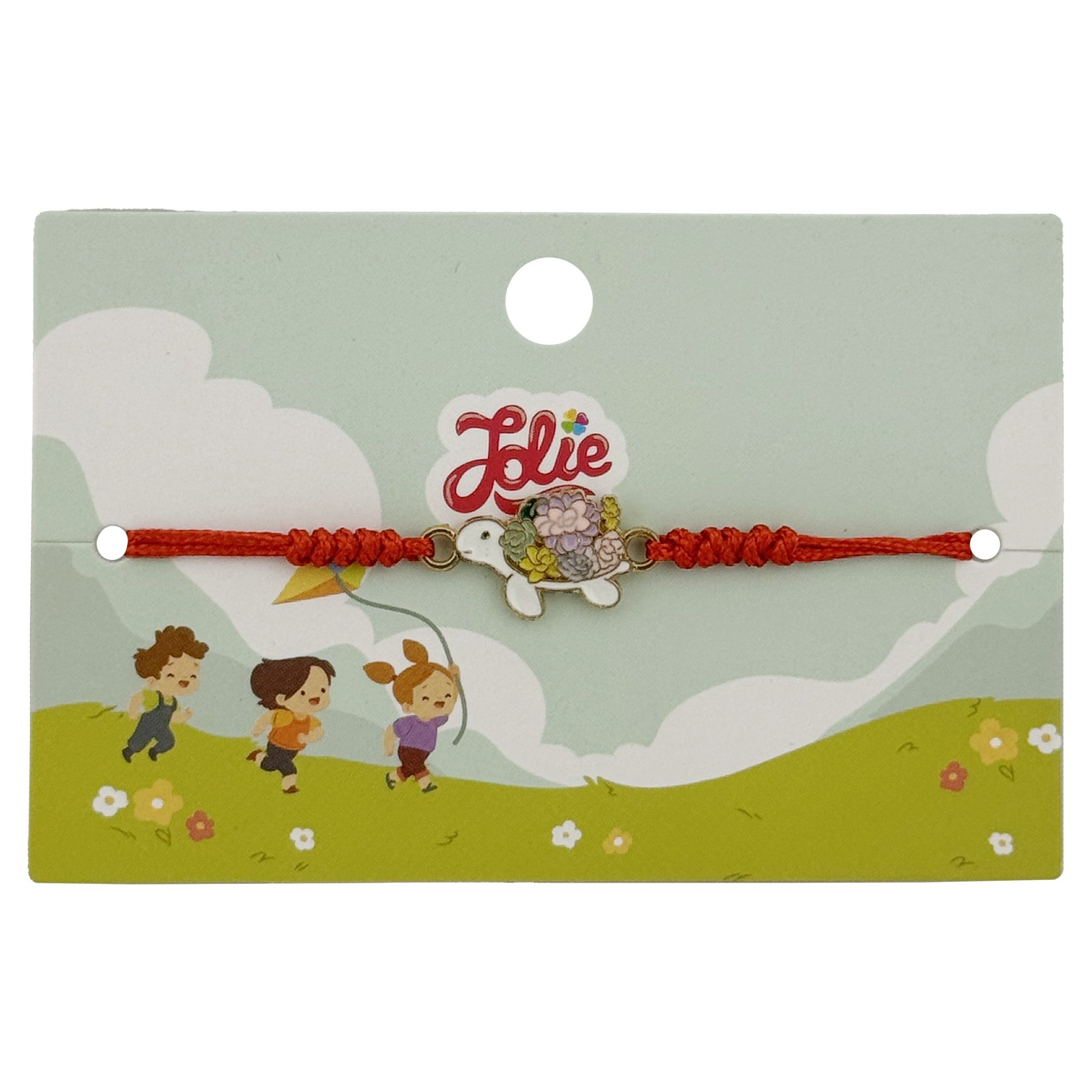 Martisor Bratara pentru Copii, Jolie, Model Broasca Testoasa, din Metal Auriu cu Snur Impletit Rosu, Alb/Multicolor
