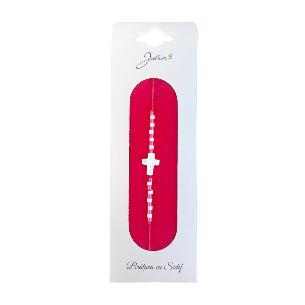 Martisor Bratara cu Sidef, Jolie, Model Cruce, cu Snur Rosu, Margele Alb/Rosu, Ambalaj de Carton