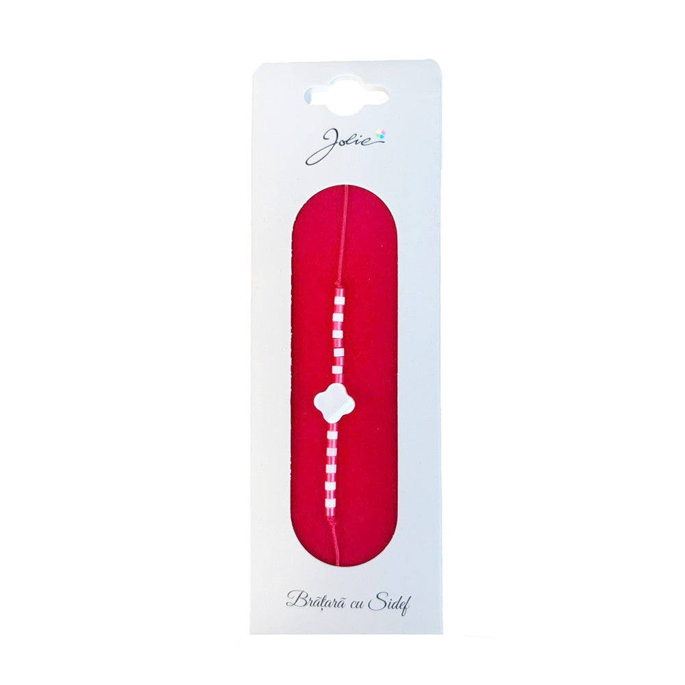 Martisor Bratara cu Sidef, Jolie, Model Floare, cu Snur Rosu, Margele Alb/Rosu, Ambalaj de Carton