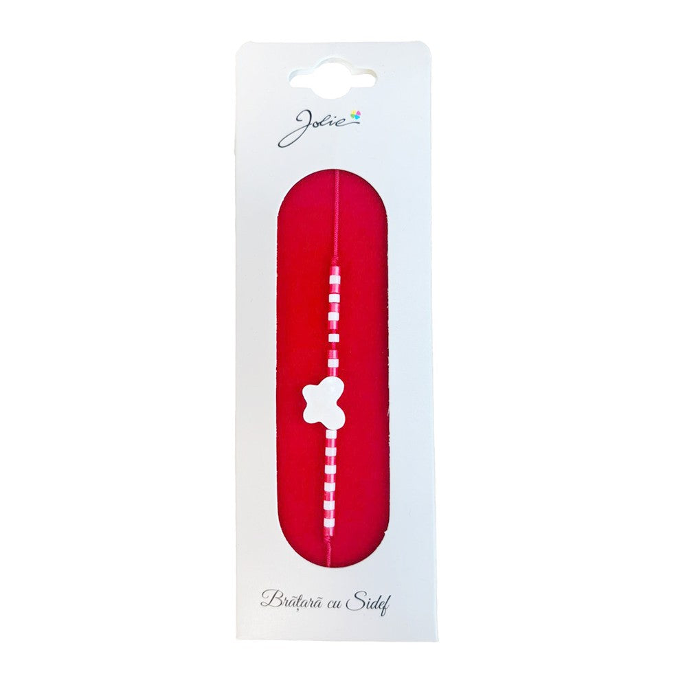 Martisor Bratara cu Sidef, Jolie, Model Fluture, cu Snur Rosu, Margele Alb/Rosu, Ambalaj de Carton