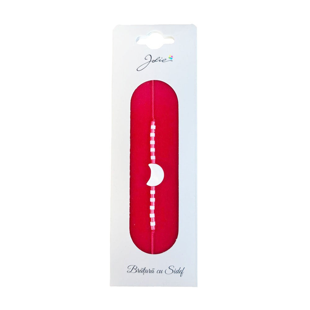 Martisor Bratara cu Sidef, Jolie, Model Luna, cu Snur Rosu, Margele Alb/Rosu, Ambalaj de Carton
