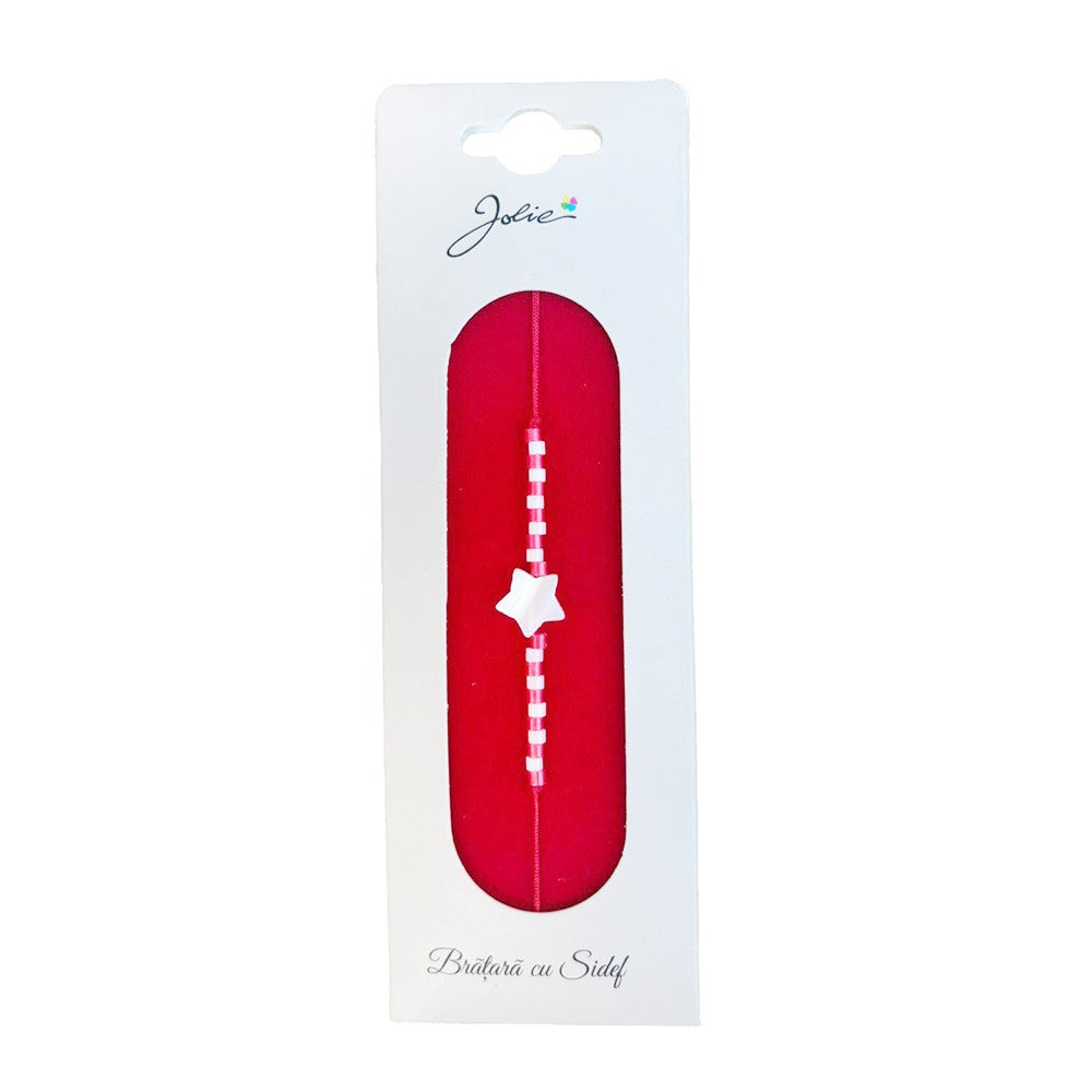 Martisor Bratara cu Sidef, Jolie, Model Stea, cu Snur Rosu, Margele Alb/Rosu, Ambalaj de Carton