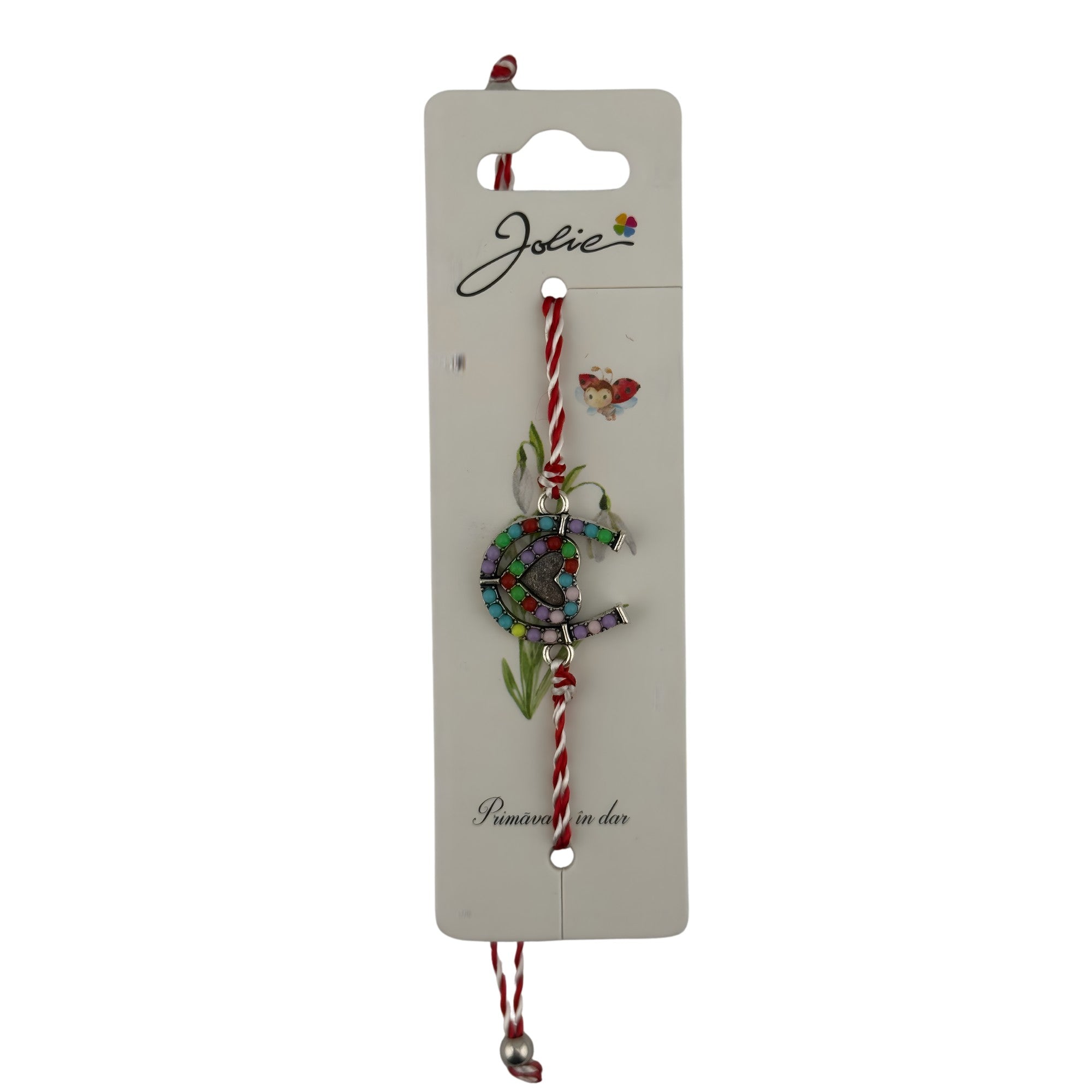 Martisor Bratara cu Snur Alb Rosu Reglabil, Jolie, Model Potcoava Multicolora cu Inimioara, Jolie