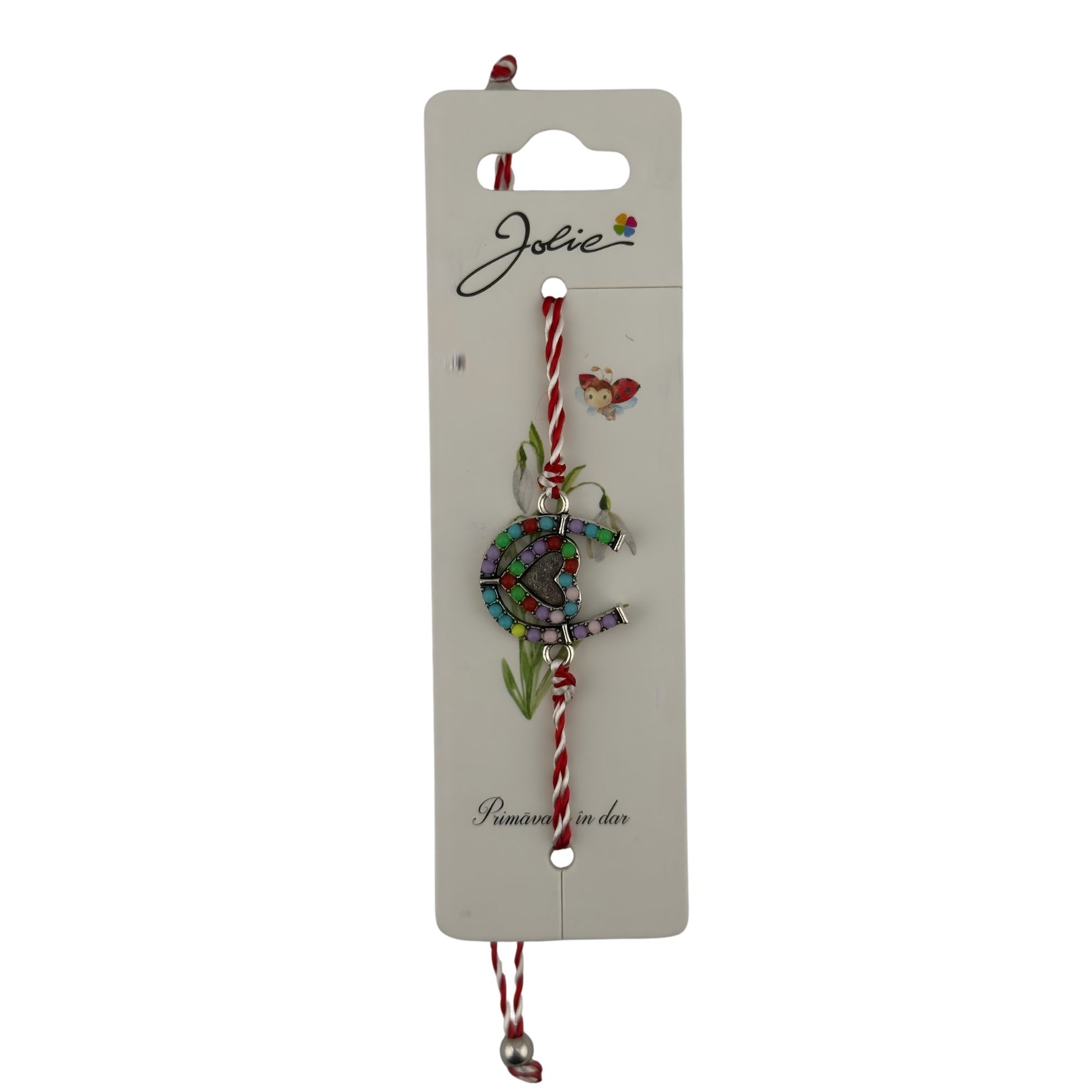 Martisor Bratara cu Snur Alb Rosu Reglabil, Jolie, Model Potcoava Multicolora cu Inimioara, Jolie