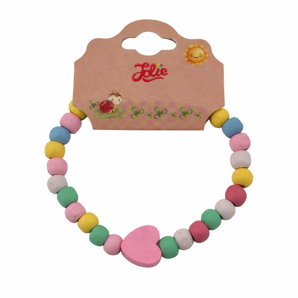 Martisor Bratara pentru Copii, Jolie, Pandativ Inimioara Roz, tip Elastica cu Margele din Lemn Colorate