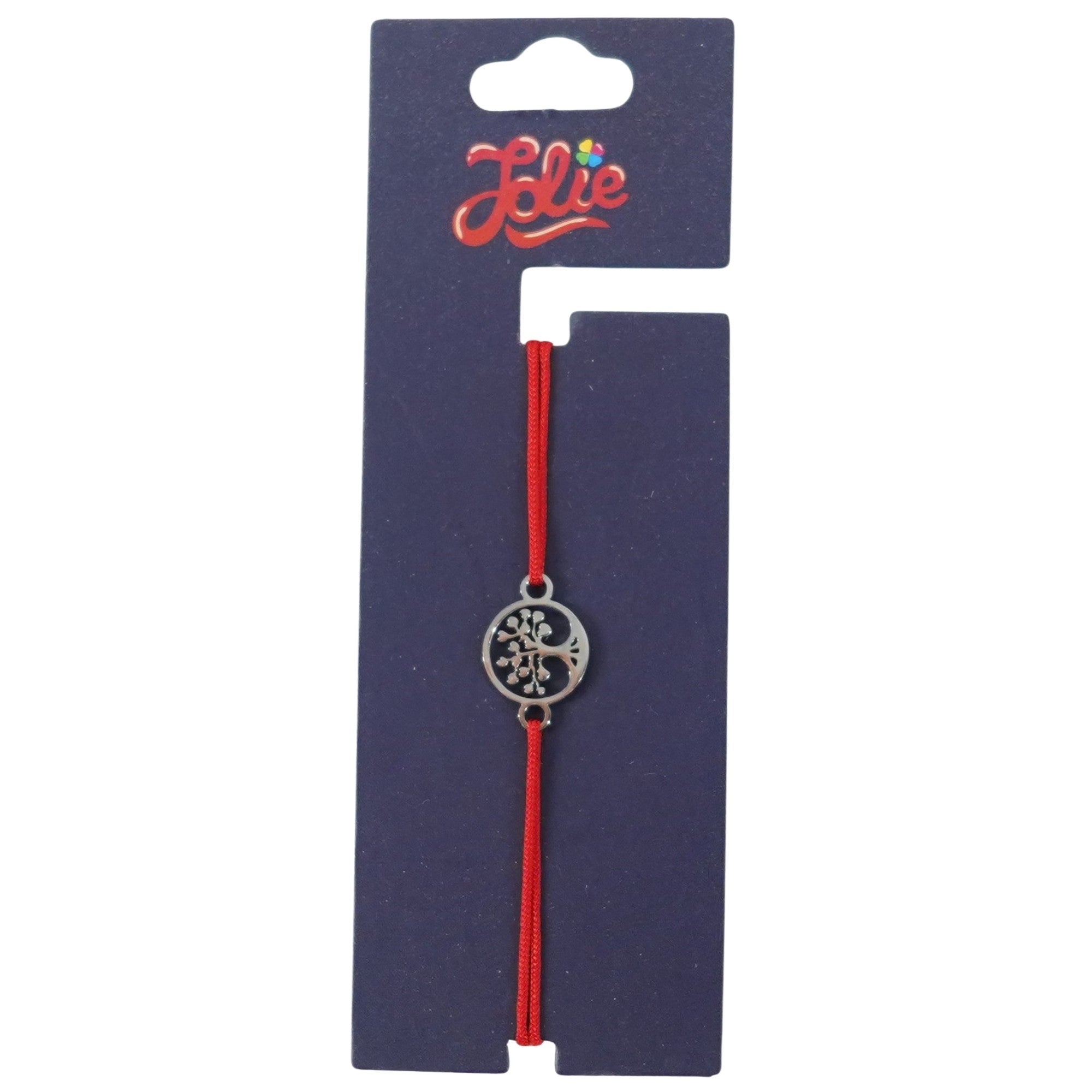 Martisor Bratara din Inox pentru Copii, Jolie, Textil si Inox, Snur Rosu, Model Copacul Vietii, Argintiu