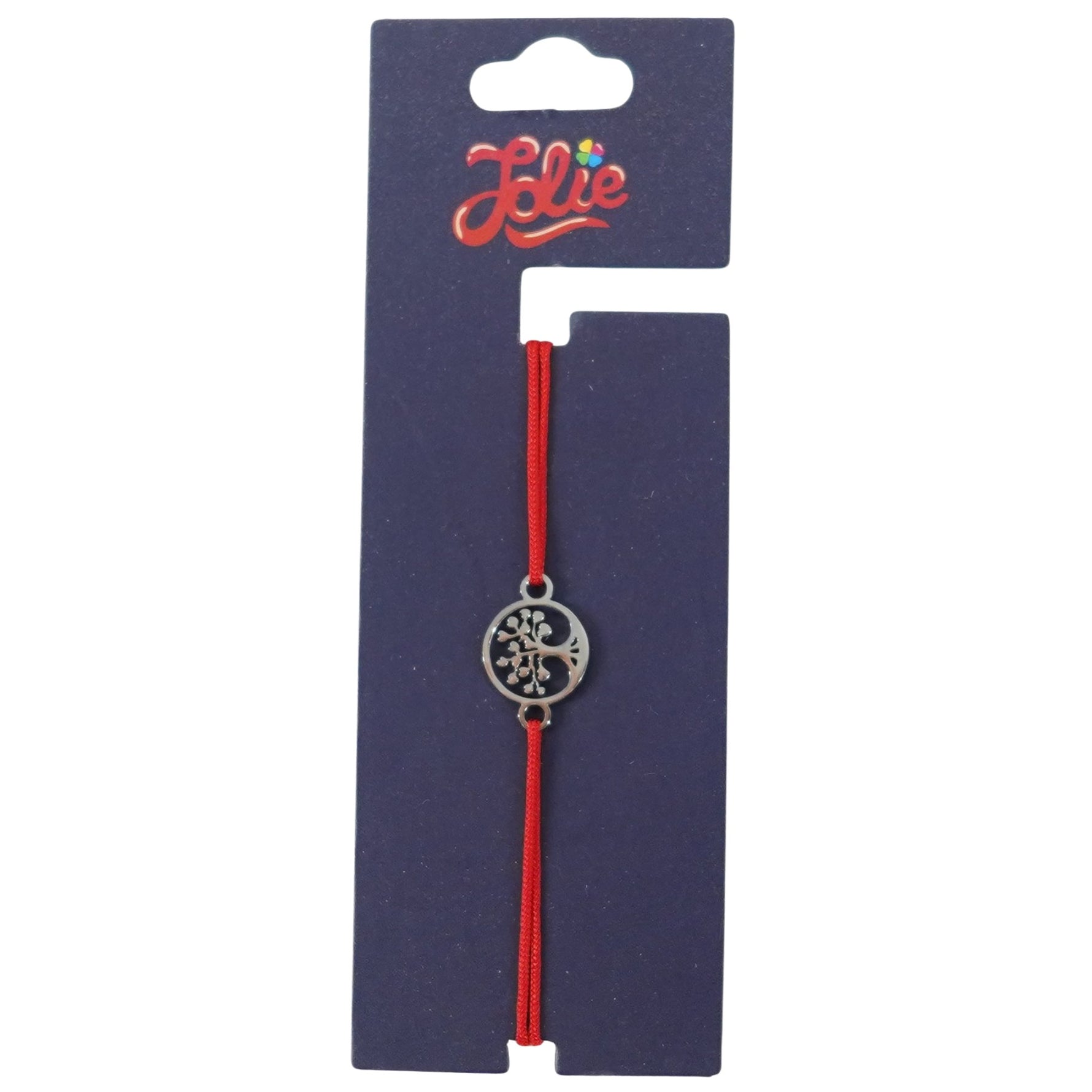 Martisor Bratara din Inox pentru Copii, Jolie, Textil si Inox, Snur Rosu, Model Copacul Vietii, Argintiu